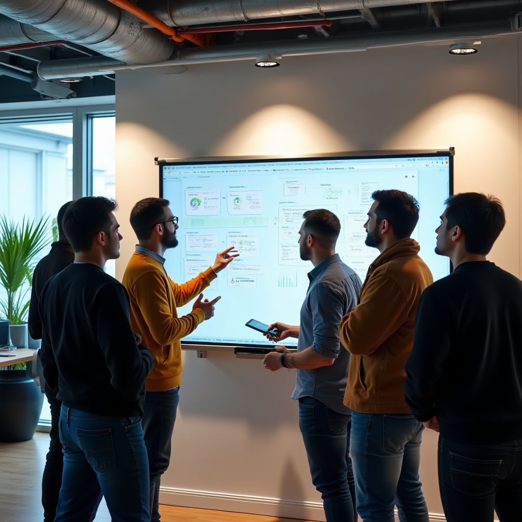 Ein Team von Entwicklern arbeitet an einem Whiteboard