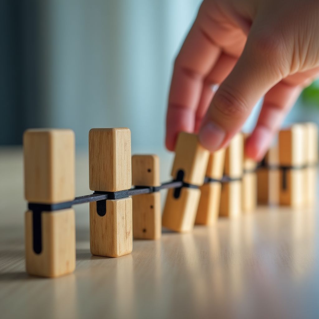 Eine Hand, die eine Reihe von Dominosteinen stützt, als Metapher für Change Management