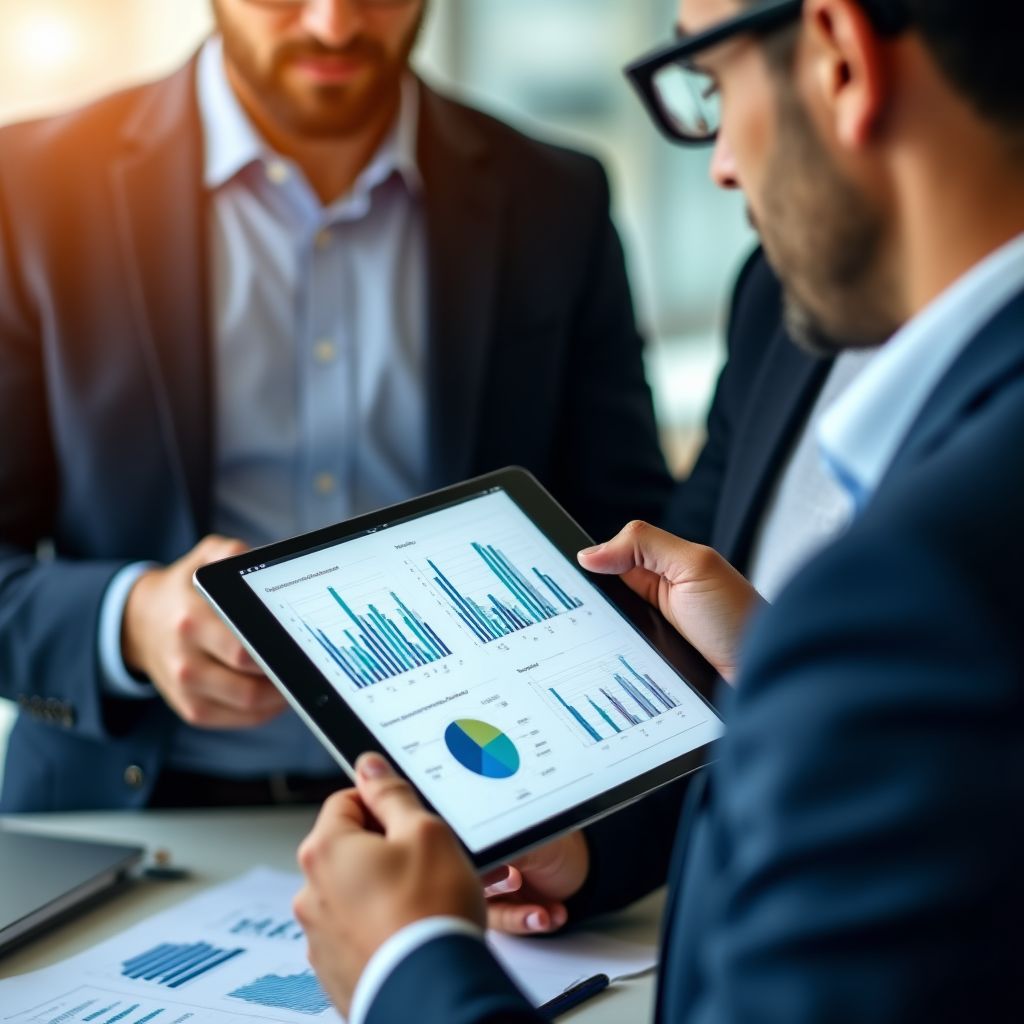 Zwei Geschäftsleute analysieren Daten auf einem Tablet in einem modernen Büro